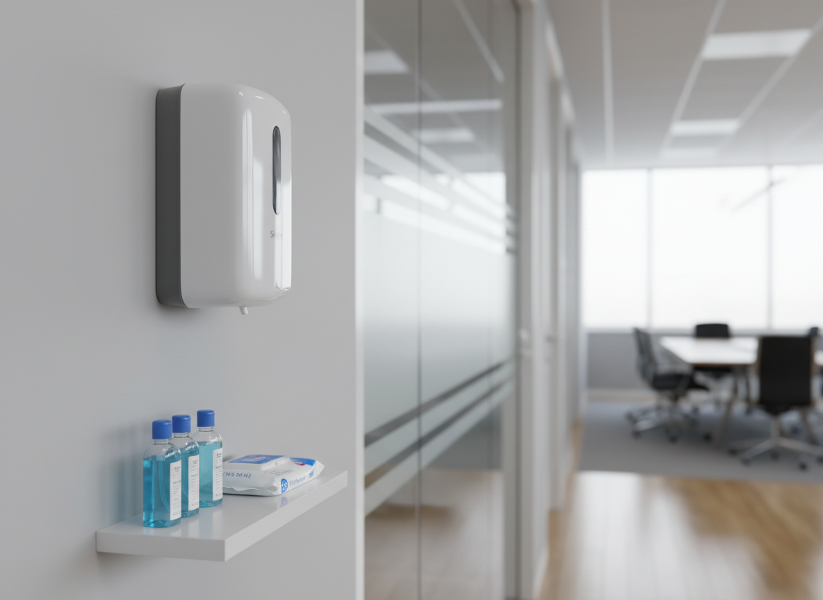 A close-up of a white touch-free hand sanitizer dispenser mounted on a clean wall near a modern office entrance, with travel-size sanitizer bottles and antibacterial wipes on a floating shelf below.