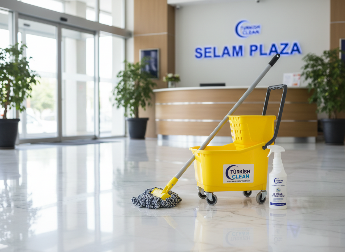 An immaculate corporate lobby floor gleaming under the light, with a bright yellow professional mop bucket, a clean microfiber mop head, and a labeled multi-surface cleaner bottle grouped together in a Turkish business setting.